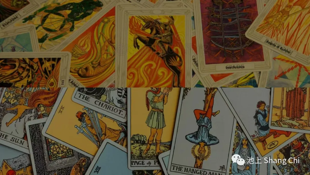 Shuffled Tarot cards: Top - Thoth, Bottom - Waite